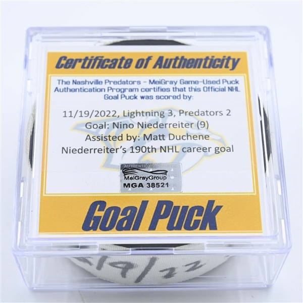 Nino Niederreiter - Nashville Predators - Goal Puck - November 19, 2022 vs. Tampa Bay Lightning (Predators Logo) 