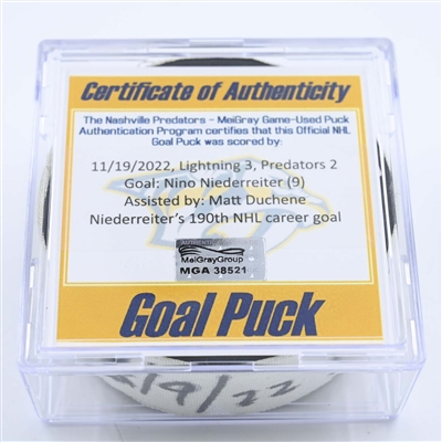 Nino Niederreiter - Nashville Predators - Goal Puck - November 19, 2022 vs. Tampa Bay Lightning (Predators Logo) 