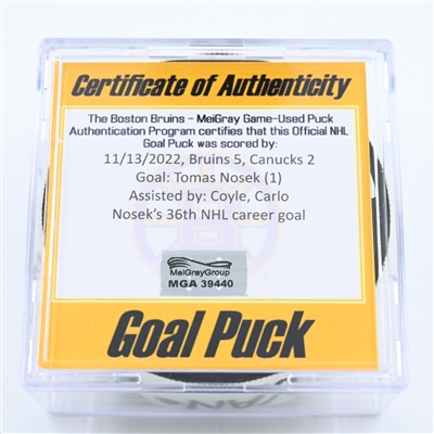 Tomas Nosek - Boston Bruins - Goal Puck - November 13, 2022 vs. Vancouver Canucks (Bruins Logo) 