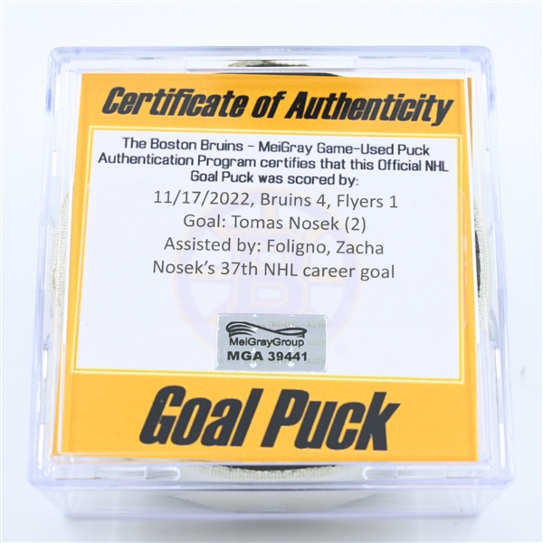 Tomas Nosek - Boston Bruins - Goal Puck - November 17, 2022 vs. Philadelphia Flyers (Bruins Logo) 