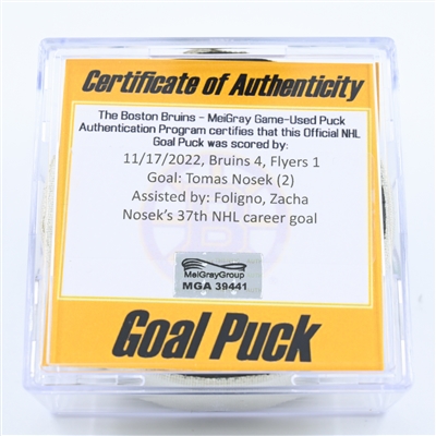 Tomas Nosek - Boston Bruins - Goal Puck - November 17, 2022 vs. Philadelphia Flyers (Bruins Logo) 