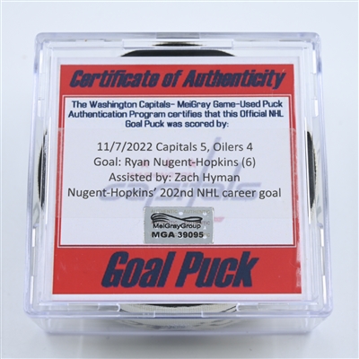 Ryan Nugent-Hopkins - Edmonton Oilers - Goal Puck - November 7, 2022 vs. Washington Capitals (Capitals Logo)  - 2022-23 NHL Season