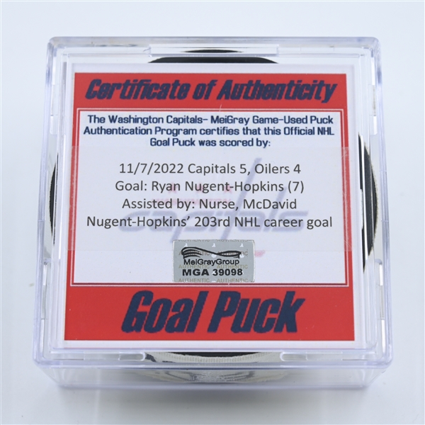 Ryan Nugent-Hopkins - Edmonton Oilers - Goal Puck - November 7, 2022 vs. Washington Capitals (Capitals Logo)  - 2022-23 NHL Season