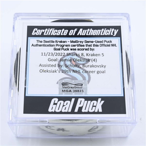 Jamie Oleksiak - Seattle Kraken - Goal Puck - November 23, 2022 vs. San Jose Sharks (Kraken Logo) 