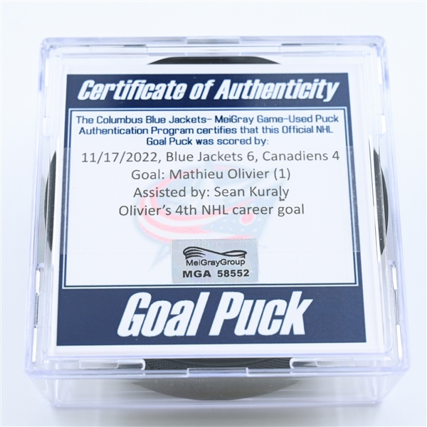 Mathieu Olivier - Columbus Blue Jackets - Goal Puck - November 17, 2022 vs. Montreal Canadiens (Blue Jackets Logo) 