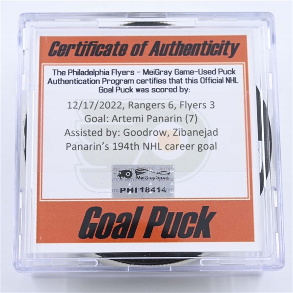 Artemi Panarin - New York Rangers - Goal Puck - December 17, 2022 vs. Philadelphia Flyers (Flyers Logo) 