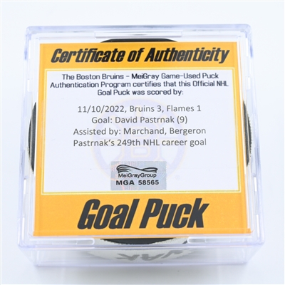 David Pastrnak - Boston Bruins - Goal Puck - November 10, 2022 vs. Calgary Flames (Bruins Logo)