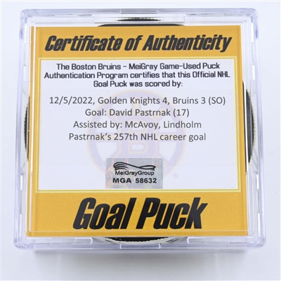 David Pastrnak - Boston Bruins - Goal Puck - December 5, 2022 vs. Vegas Golden Knights (Bruins Logo) 