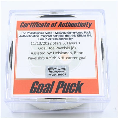 Joe Pavelski - Dallas Stars - Goal Puck - November 13, 2022 vs. Philadelphia Flyers (Flyers Logo) 