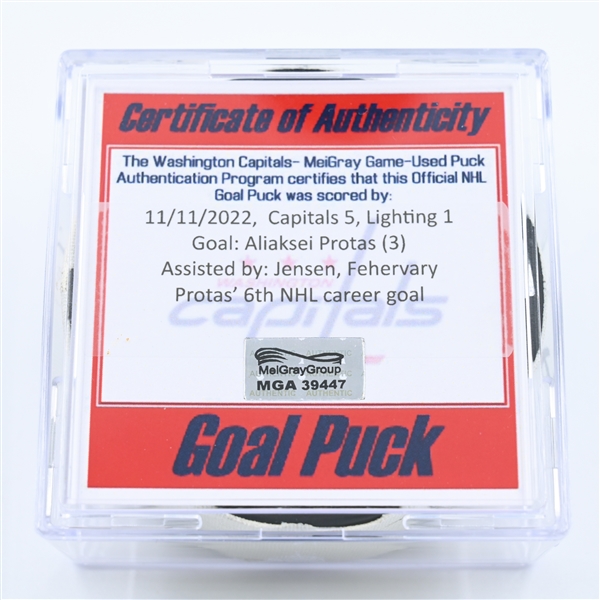 Aliaksei Protas - Washington Capitals - Goal Puck - November 11, 2022 vs. Tampa Bay Lightning (Capitals Logo) 