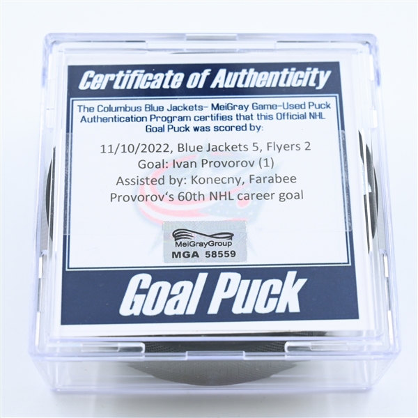 Ivan Provorov - Philadelphia Flyers - Goal Puck - November 10, 2022 vs. Columbus Blue Jackets (Blue Jackets Logo)