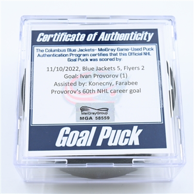 Ivan Provorov - Philadelphia Flyers - Goal Puck - November 10, 2022 vs. Columbus Blue Jackets (Blue Jackets Logo)