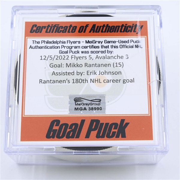Mikko Rantanen - Colorado Avalanche - Goal Puck - December 5, 2022 vs. Philadelphia Flyers (Flyers Logo) 