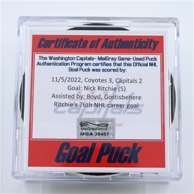 Nick Ritchie - Arizona Coyotes - Goal Puck - November 5, 2022 vs. Washington Capitals (Capitals Logo)  - 2022-23 NHL Season