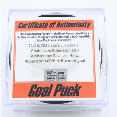 Jason Robertson - Dallas Stars - Goal Puck - November 13, 2022 vs. Philadelphia Flyers (Flyers Logo) 