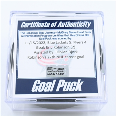 Eric Robinson - Columbus Blue Jackets - Goal Puck - November 15, 2022 vs. Philadelphia Flyers (Blue Jackets Logo) 