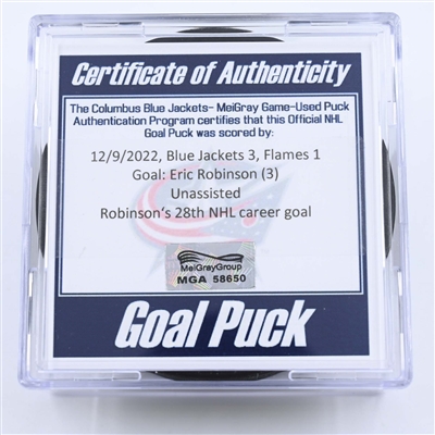 Eric Robinson - Columbus Blue Jackets - Goal Puck - December 9, 2022 vs. Calgary Flames (Blue Jackets Logo) 