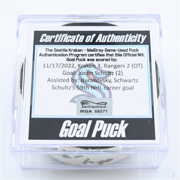 Justin Schultz - Seattle Kraken - Goal Puck - November 17, 2022 vs. New York Rangers (Kraken Logo) 