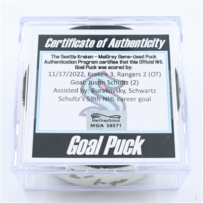 Justin Schultz - Seattle Kraken - Goal Puck - November 17, 2022 vs. New York Rangers (Kraken Logo) 