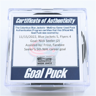 Nick Seeler - Philadelphia Flyers - Goal Puck - November 15, 2022 vs. Columbus Blue Jackets (Blue Jackets Logo) 