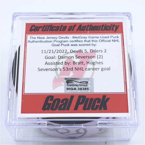 Damon Severson - New Jersey Devils - Goal Puck - November 21, 2022 vs. Edmonton Oilers (Devils 40th Anniversary Logo) 