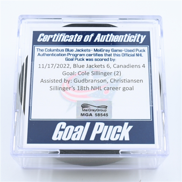Cole Sillinger - Columbus Blue Jackets - Goal Puck - November 17, 2022 vs. Montreal Canadiens (Blue Jackets Logo) 