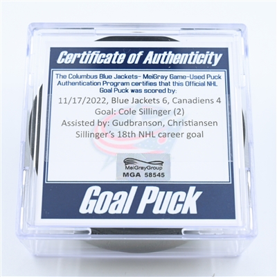 Cole Sillinger - Columbus Blue Jackets - Goal Puck - November 17, 2022 vs. Montreal Canadiens (Blue Jackets Logo) 