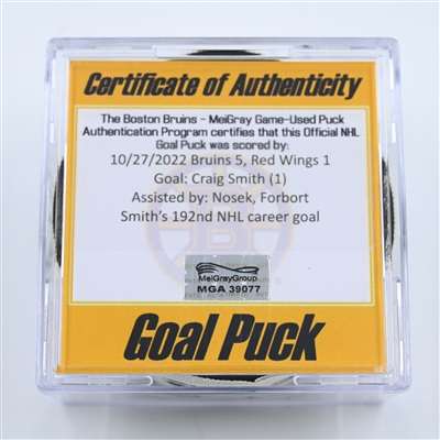 Craig Smith - Boston Bruins - Goal Puck - October 27, 2022 vs. Detroit Red Wings (Bruins Logo)  - 2022-23 NHL Season