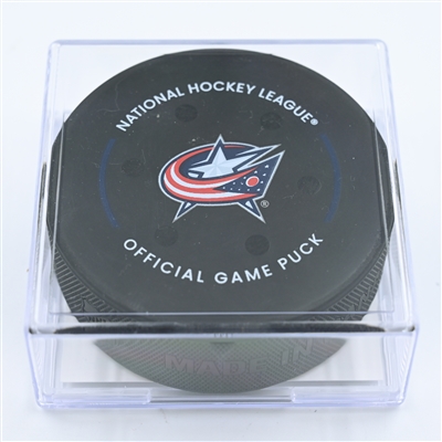 Nick Suzuki - Montreal Canadiens - Goal Puck - November 17, 2022 vs. Columbus Blue Jackets (Blue Jackets Logo) 