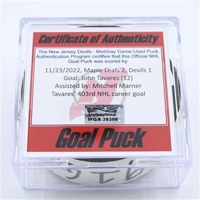 John Tavares - Toronto Maple Leafs - Goal Puck - November 23, 2022 vs. New Jersey Devils (Devils 40th Anniversary Logo) 