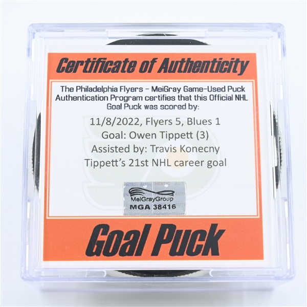 Owen Tippett - Philadelphia Flyers - Goal Puck - November 8, 2022 vs St. Louis Blues (Philadelphia Flyers logo)
