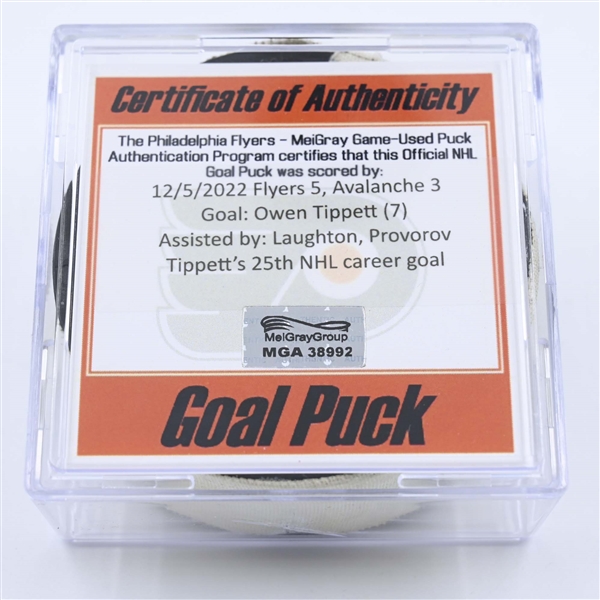 Owen Tippett - Philadelphia Flyers - Goal Puck - December 5, 2022 vs. Colorado Avalanche (Flyers Logo) 