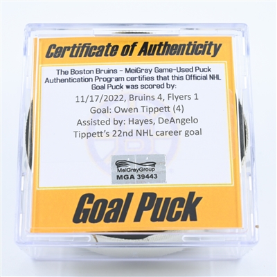Owen Tippett - Philadelphia Flyers - Goal Puck - November 17, 2022 vs. Boston Bruins (Bruins Logo) 