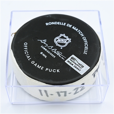 Owen Tippett - Philadelphia Flyers - Goal Puck - November 17, 2022 vs. Boston Bruins (Bruins Logo) 