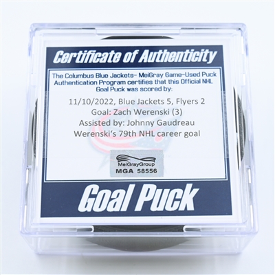 Zach Werenski - Columbus Blue Jackets - Goal Puck - November 10, 2022 vs. Philadelphia Flyers (Blue Jackets Logo)
