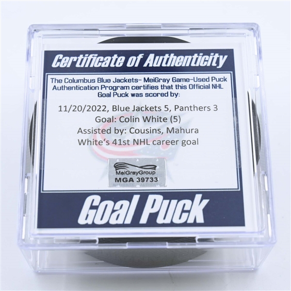 Colin White - Florida Panthers - Goal Puck - November 20, 2022 vs. Columbus Blue Jackets (Blue Jackets Logo) 