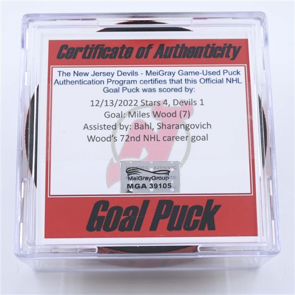 Miles Wood - New Jersey Devils - Goal Puck - December 13, 2022 vs. Dallas Stars (Devils 40th Anniversary Logo) 