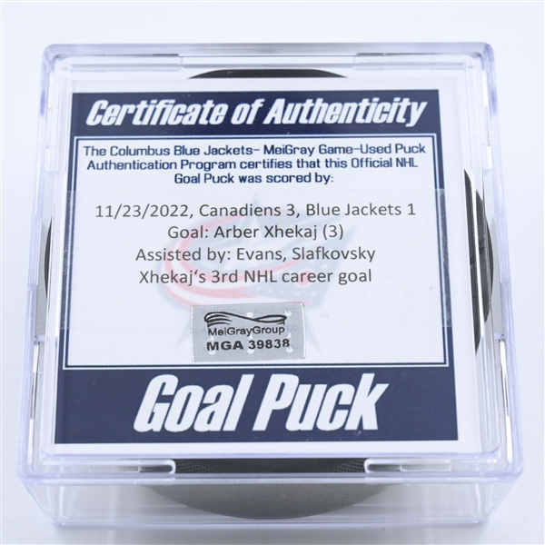 Arber Xhekaj - Montreal Canadiens - Goal Puck - November 23, 2022 vs. Columbus Blue Jackets (Blue Jackets Logo) 