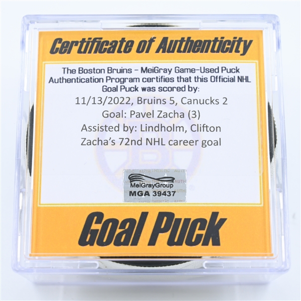 Pavel Zacha - Boston Bruins - Goal Puck - November 13, 2022 vs. Vancouver Canucks (Bruins Logo) 