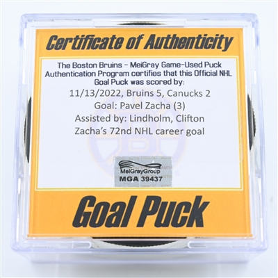 Pavel Zacha - Boston Bruins - Goal Puck - November 13, 2022 vs. Vancouver Canucks (Bruins Logo) 