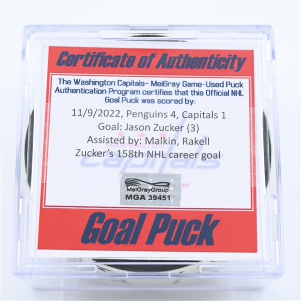 Jason Zucker - Pittsburgh Penguins - Goal Puck - November 9, 2022 vs. Washington Capitals (Capitals Logo) 