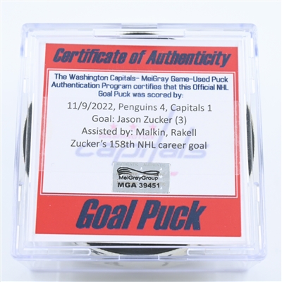 Jason Zucker - Pittsburgh Penguins - Goal Puck - November 9, 2022 vs. Washington Capitals (Capitals Logo) 