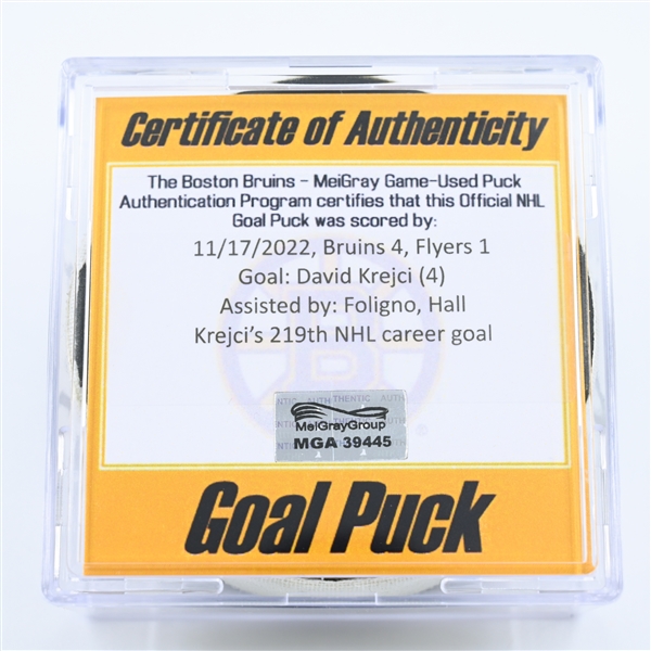 David Krejci - Boston Bruins - Goal Puck - November 17, 2022 vs. Philadelphia Flyers (Bruins Logo) 