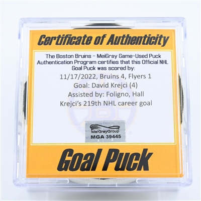 David Krejci - Boston Bruins - Goal Puck - November 17, 2022 vs. Philadelphia Flyers (Bruins Logo) 