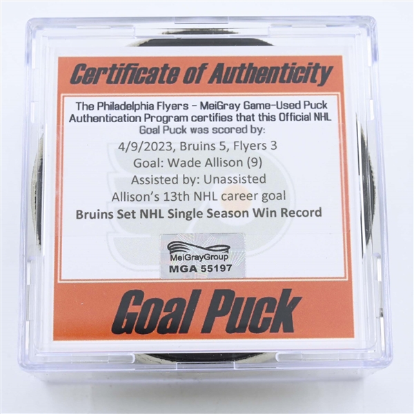 Wade Allison - Philadelphia Flyers - Goal Puck - April 9, 2023 vs. Boston Bruins (Flyers Logo) - Bruins Set NHL Win Record