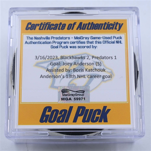 Joey Anderson - Chicago Blackhawks - Goal Puck - March 16, 2023 vs. Nashville Predators (Predators Logo)