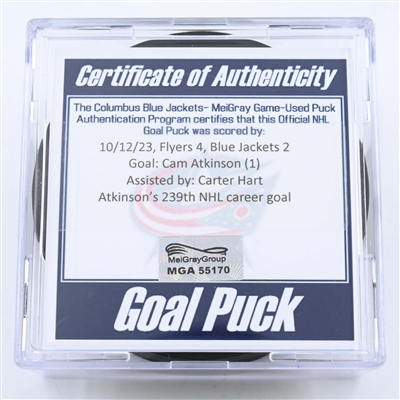 Cam Atkinson - Philadelphia Flyers - Goal Puck - October 12, 2023 vs. Columbus Blue Jackets (Blue Jackets Logo)