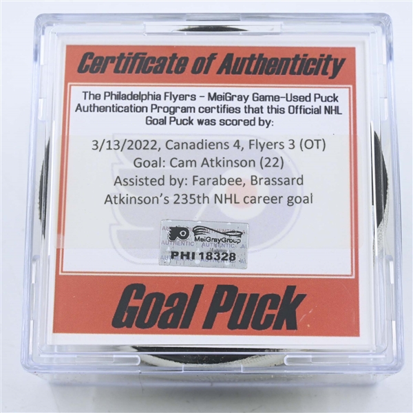 Cam Atkinson - Philadelphia Flyers - Goal Puck - March 13, 2022 vs. Montreal Canadiens (Flyers Logo)