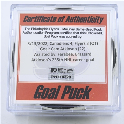 Cam Atkinson - Philadelphia Flyers - Goal Puck - March 13, 2022 vs. Montreal Canadiens (Flyers Logo)