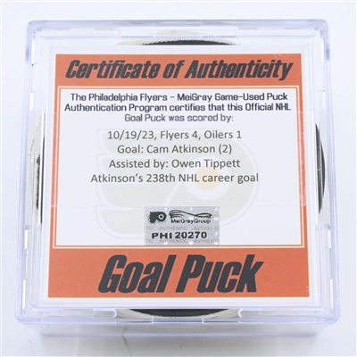 Cam Atkinson - Philadelphia Flyers - Goal Puck - October 19, 2023 vs. Edmonton Oilers (Flyers Logo)